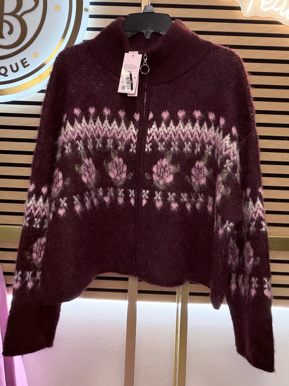 wild fable Burgundy Zip-Up Fair Isle Cardigan with Pink Accents